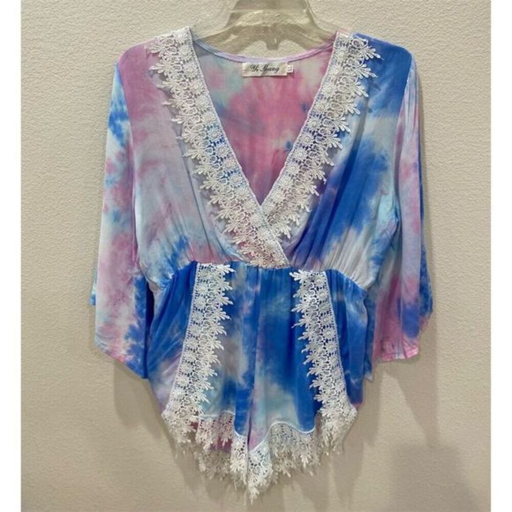 Yi Shang Women's XL Tie Dye Kimono Romper Lace Trim‎ Summer Casual